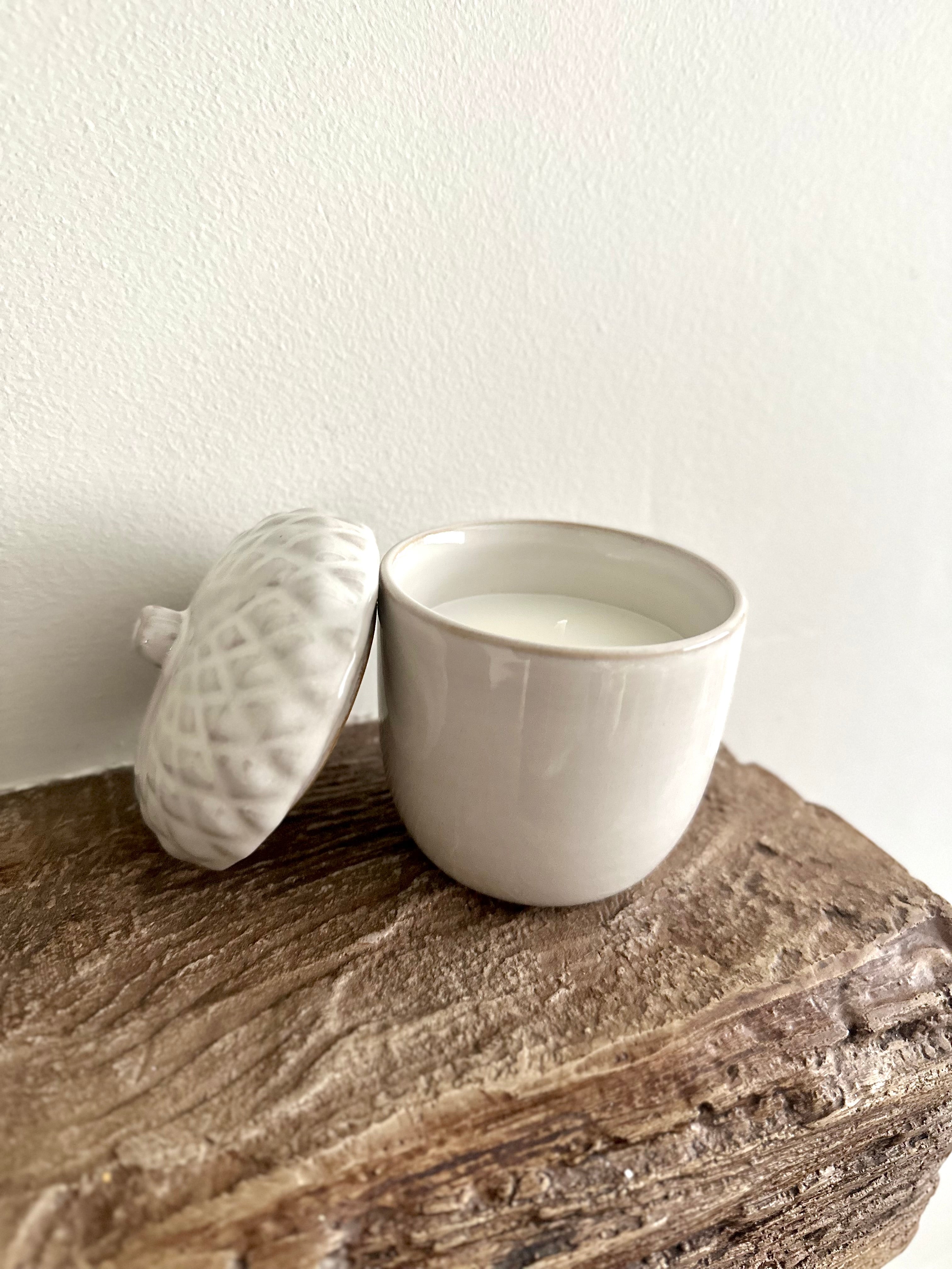 Rustic White Porcelain Pine Cone Candle