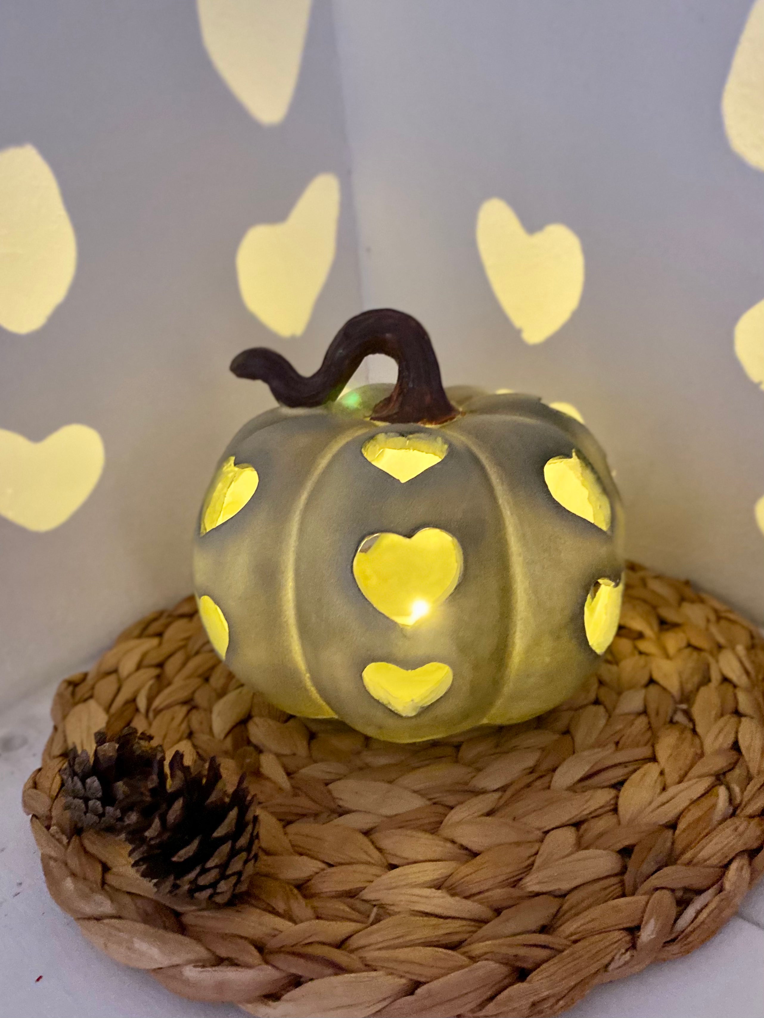 Sage Green heart LED pumpkin
